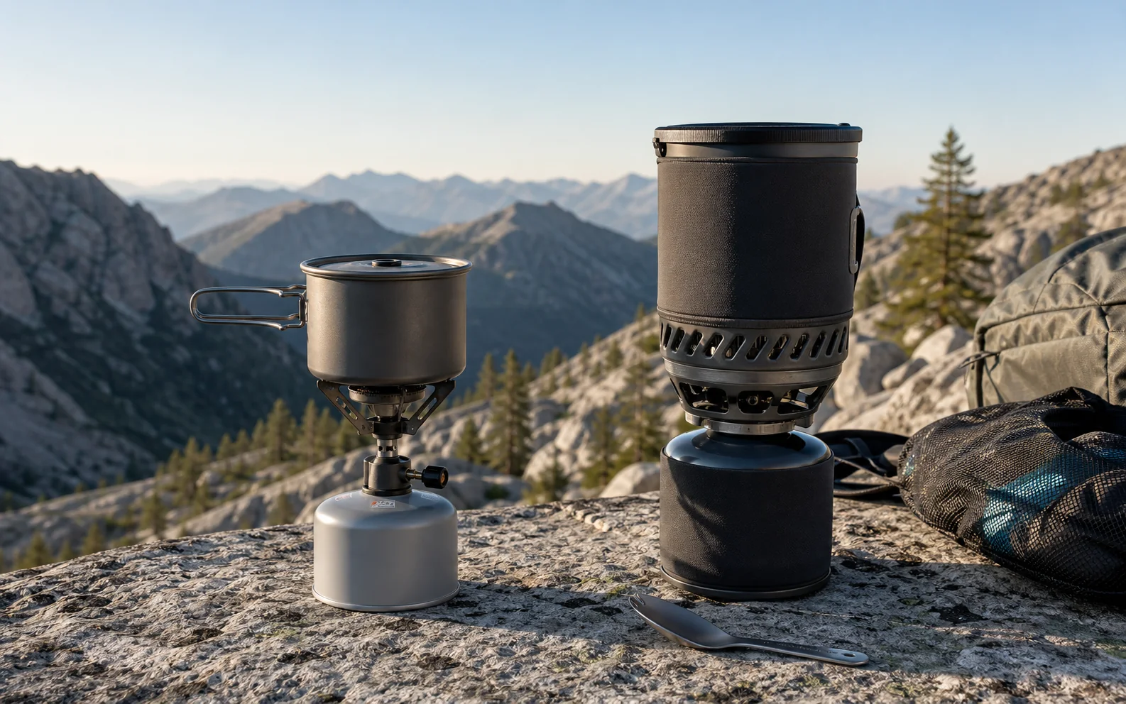 A compact backpacking stove and integrated canister cooking system on granite near a trail