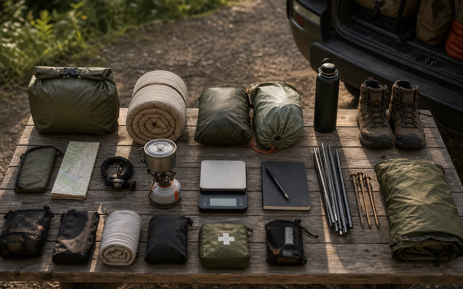 Camping and backpacking gear arranged beside a digital scale