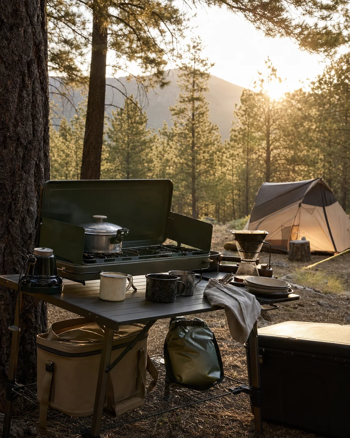 Premium outdoor camp kitchen at sunrise with tents and forest behind it