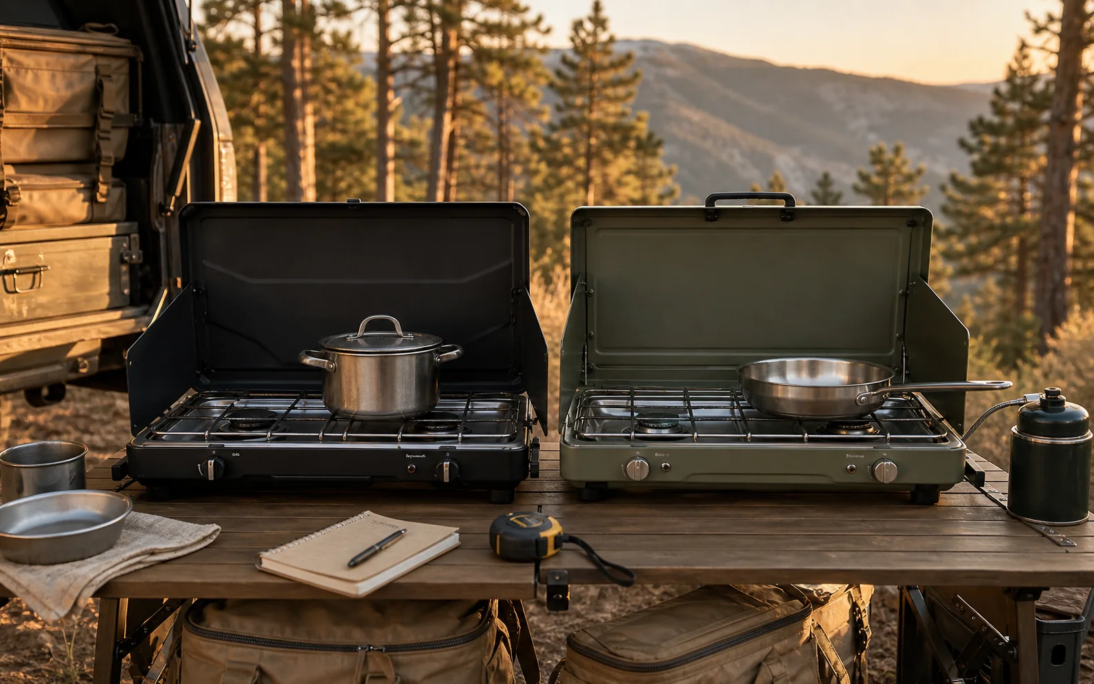 Two premium two-burner camp stoves arranged on an outdoor kitchen table