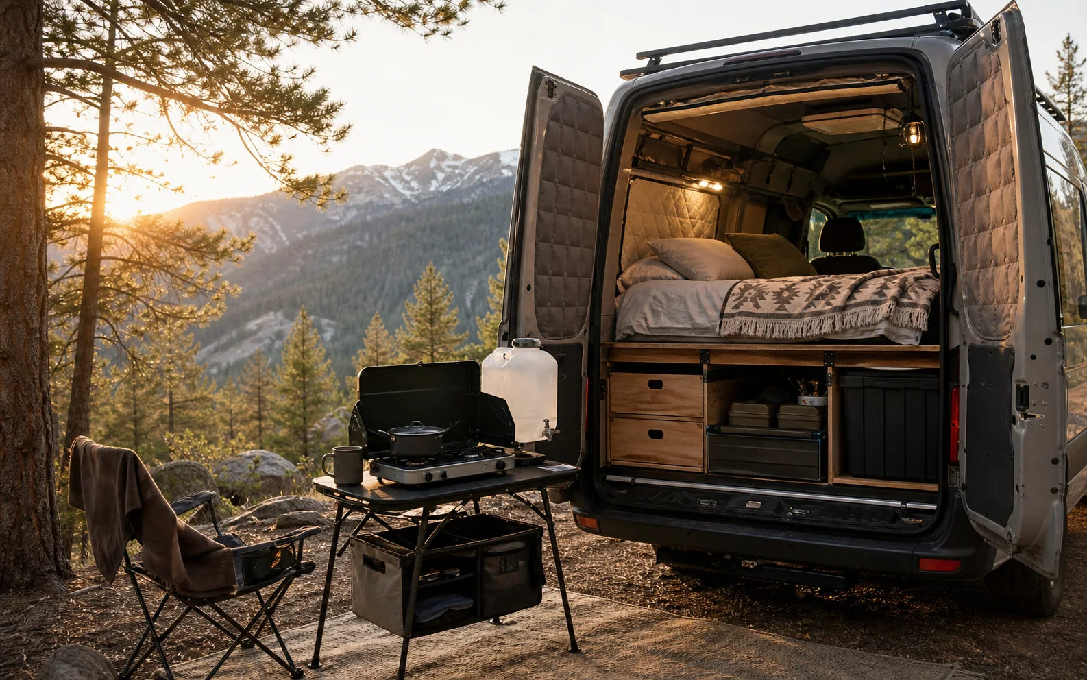 A beginner van life camping setup with drawer kitchen, bedding, and mountain campsite
